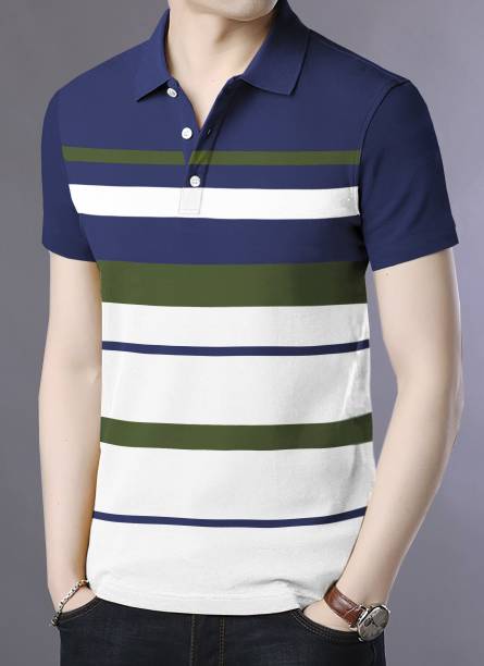 Men Striped Polo Neck Multicolor T-Shirt Price in India
