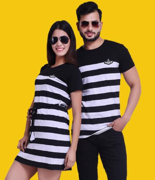 Pack of 2 Couple Color Block Round Neck White, Black T-Shirt Price in India
