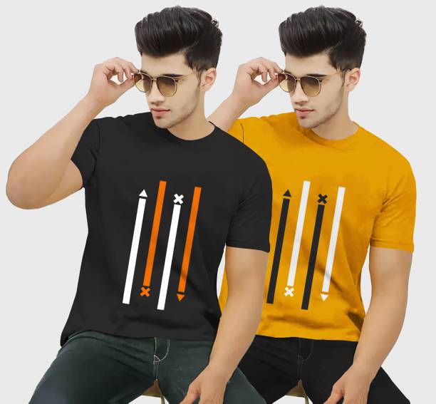 Pack of 2 Men Printed Round Neck Black, Yellow T-Shirt Price in India