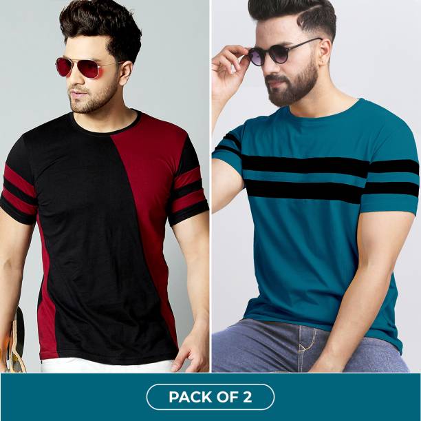 Pack of 2 Men Color Block Round Neck Maroon, Black, Dark Blue T-Shirt Price in India