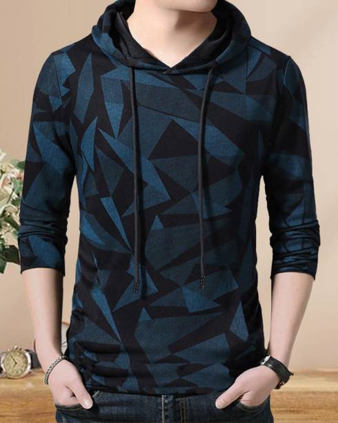 Men Printed Hooded Neck Blue T-Shirt Price in India