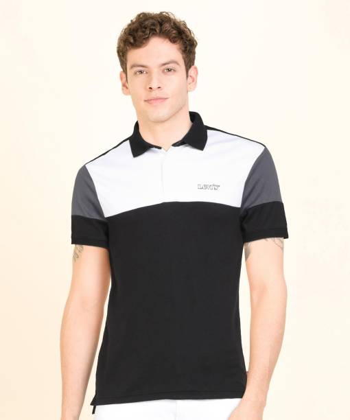 Men Color Block Polo Neck Black T-Shirt Price in India