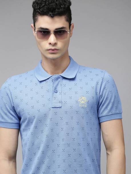 Men Printed Polo Neck Blue T-Shirt Price in India