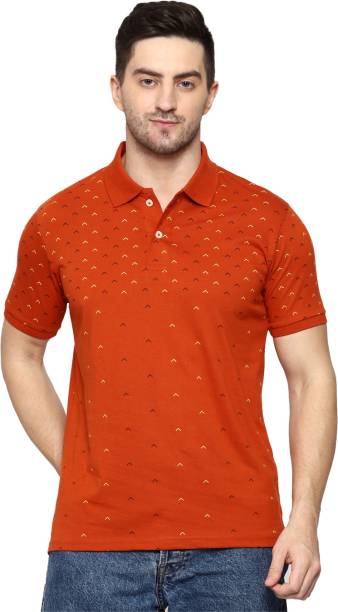 Men Printed Polo Neck Orange T-Shirt Price in India