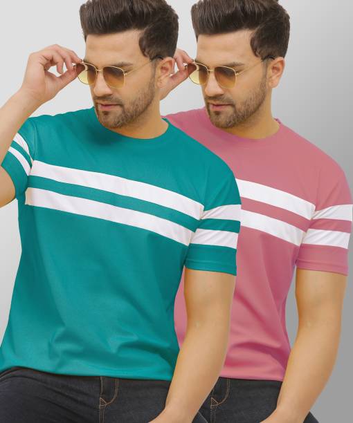 VeBNoR Striped Men Round Neck Blue, Pink T-Shirt