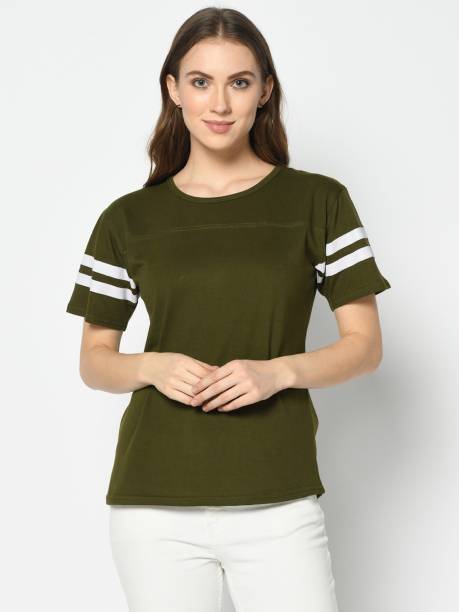 Rebound Striped Women Round Neck Dark Green T-Shirt