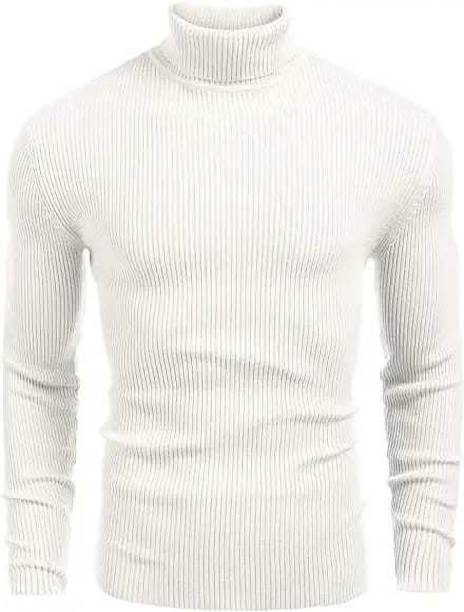 Men Striped High Neck White T-Shirt Price in India