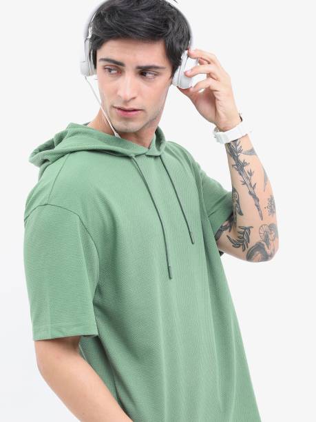 Men Solid Hooded Neck Green T-Shirt Price in India