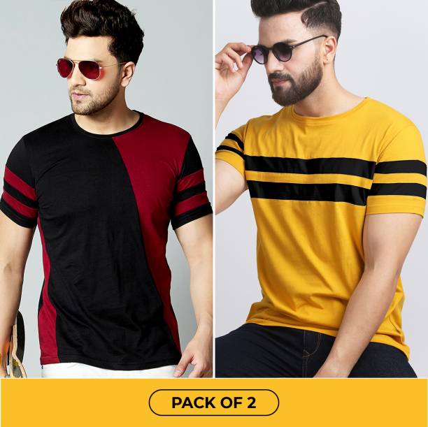 Pack of 2 Men Color Block Round Neck Maroon, Yellow, Black T-Shirt Price in India