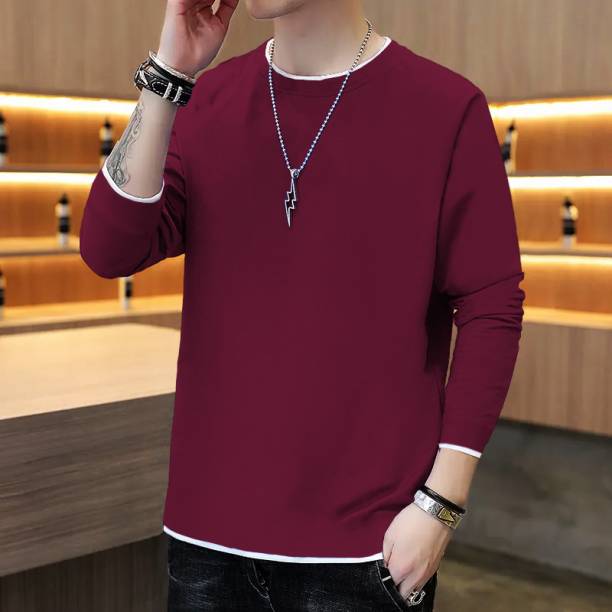 Men Solid Round Neck Maroon, White T-Shirt Price in India