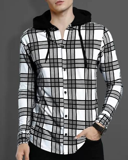 Men Checkered Hooded Neck Cotton Blend White T-Shirt Price in India