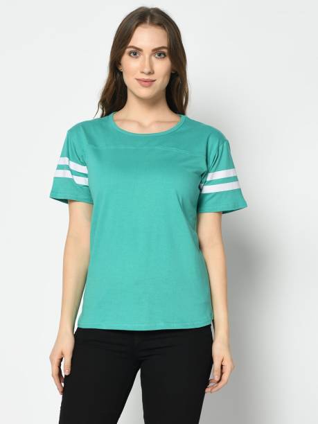 Rebound Striped Women Round Neck Light Green T-Shirt
