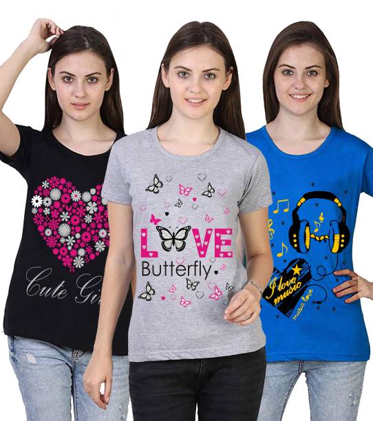 Pack of 3 Women Printed Round Neck Multicolor T-Shirt Price in India