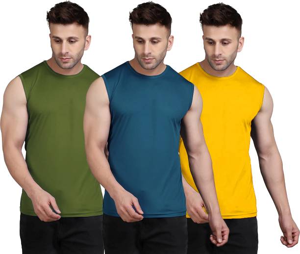 Pack of 3 Men Solid Round Neck Polyester Blue, Dark Green, Yellow T-Shirt Price in India