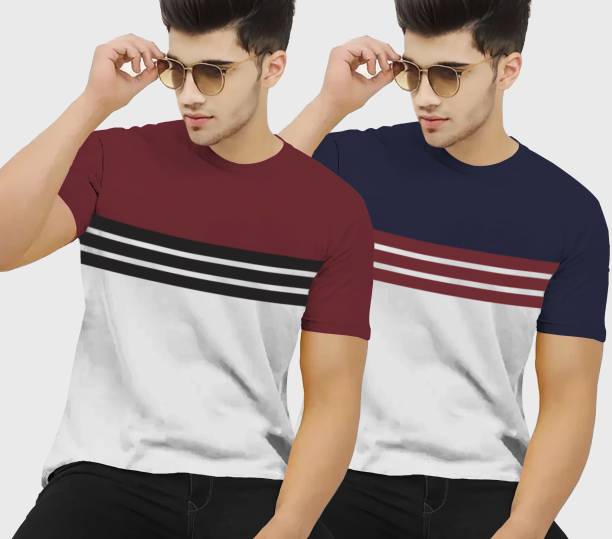 Pack of 2 Men Striped Round Neck Multicolor T-Shirt Price in India