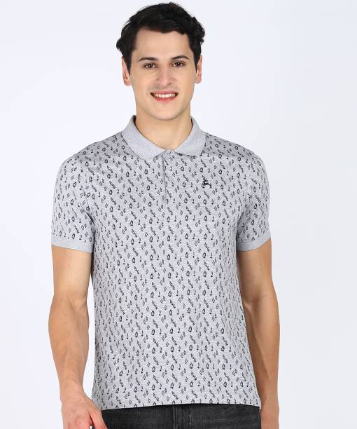 Men Printed Polo Neck Cotton Blend Grey T-Shirt Price in India