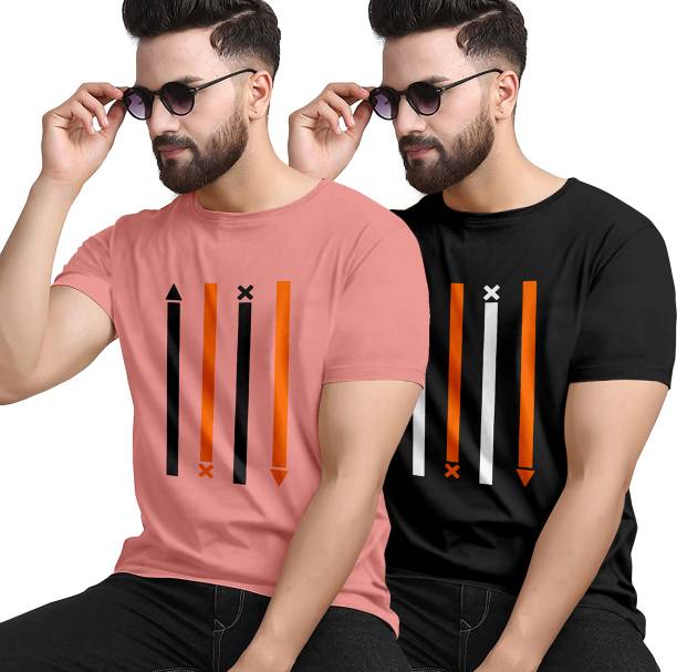 Pack of 2 Men Striped Round Neck Pink, Black T-Shirt Price in India