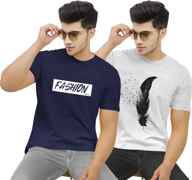 Pack of 2 Men Printed Round Neck Cotton Blend Navy Blue, Grey T-Shirt Price in India