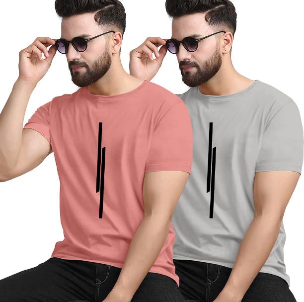 Pack of 2 Men Striped Round Neck Pink, Grey T-Shirt Price in India