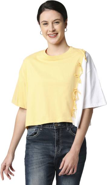 Cotton Jersey T-Shirts Women Color Block Round Neck Multicolor T-Shirt Price in India