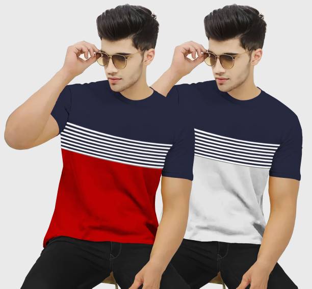 Pack of 2 Men Striped Round Neck Dark Blue, Red T-Shirt Price in India