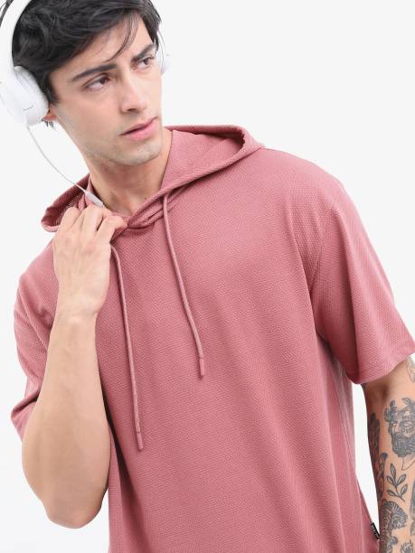Men Solid Hooded Neck Pink T-Shirt Price in India