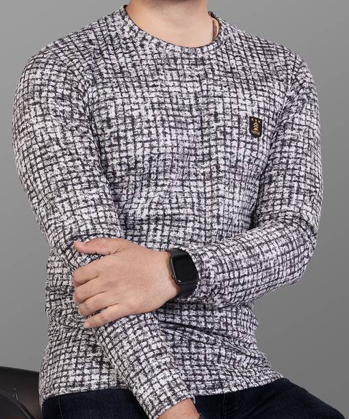 Men Checkered Round Neck Poly Cotton Grey T-Shirt Price in India