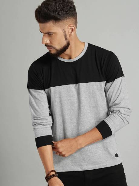 Men Color Block Round Neck Black, Grey T-Shirt Price in India