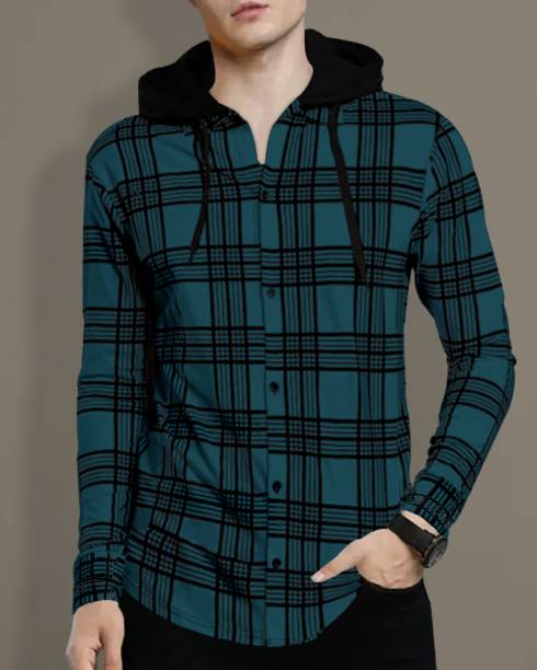 Men Checkered Hooded Neck Cotton Blend Blue T-Shirt Price in India