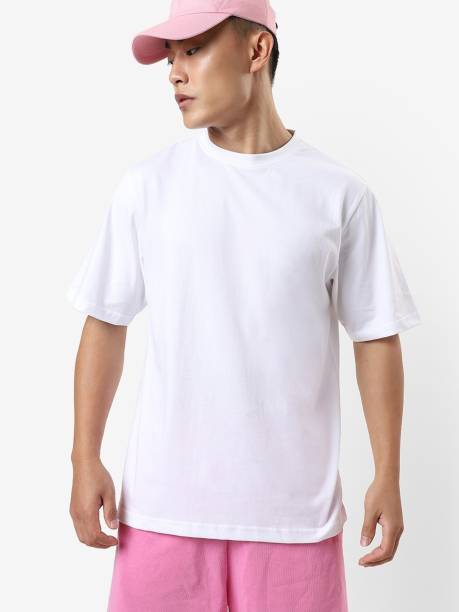 Men's White Oversized T-shirt Men Solid Round Neck White T-Shirt Price in India