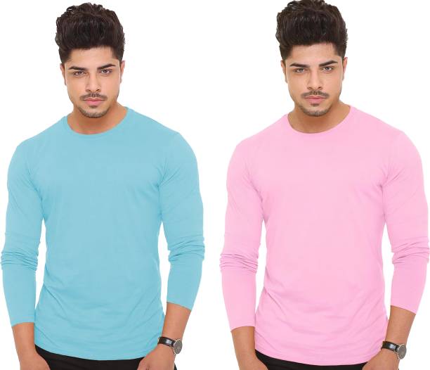 Pack of 2 Men Solid Round Neck Light Blue, Pink T-Shirt Price in India