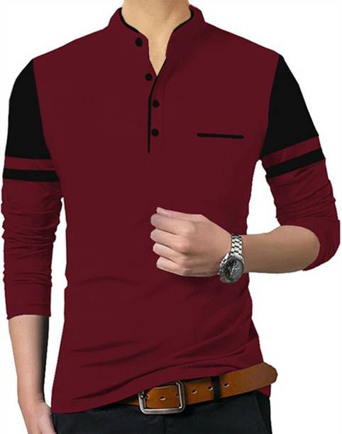 Men Color Block Mandarin Collar Maroon, Black T-Shirt Price in India