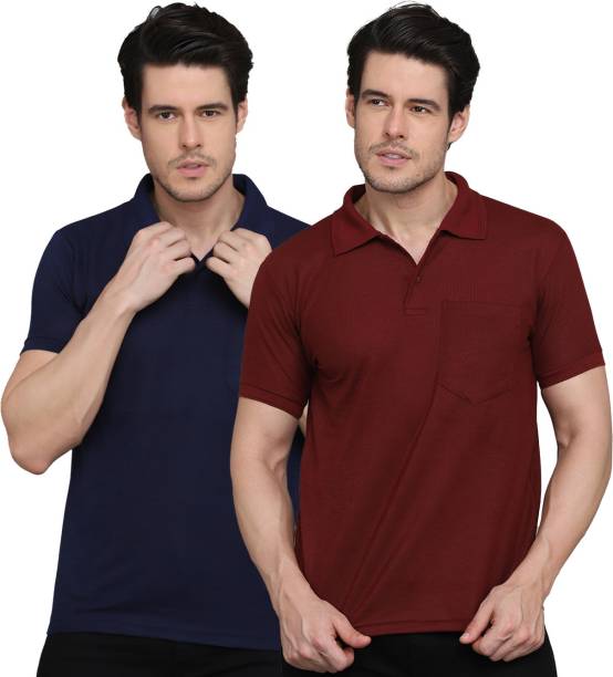 Pack of 2 Men Solid Polo Neck Cotton Blend Multicolor T-Shirt Price in India