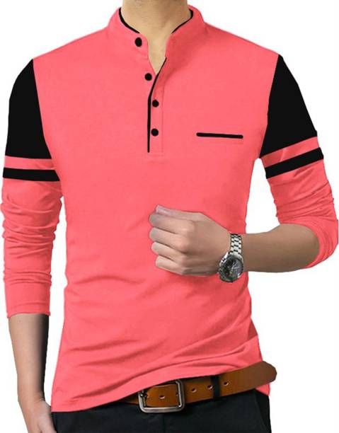 Men Color Block Mandarin Collar Pink, Black T-Shirt Price in India