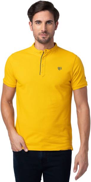 Men Typography Mandarin Collar Yellow T-Shirt Price in India