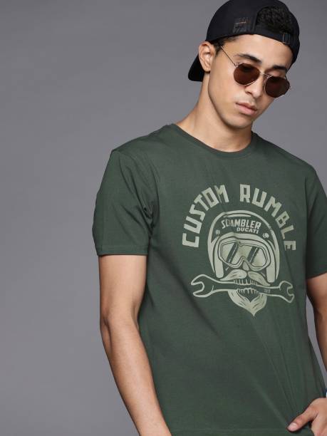 Men Printed Round Neck Dark Green T-Shirt Price in India