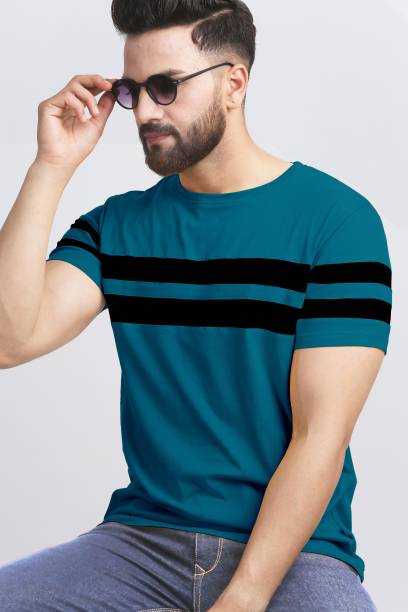 Men Striped Round Neck Blue, Black T-Shirt Price in India