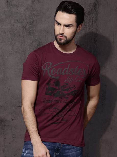 Men Printed Round Neck Maroon T-Shirt Price in India