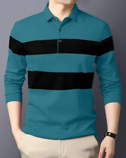 Men Color Block Polo Neck Black, Dark Blue T-Shirt Price in India