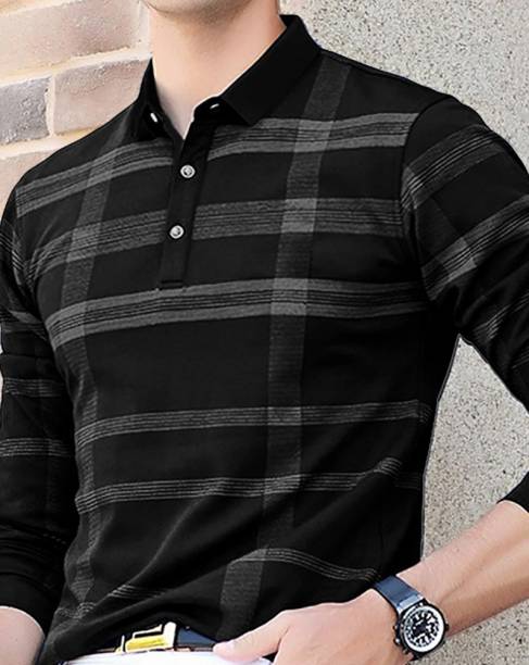 Men Checkered Polo Neck Black T-Shirt Price in India