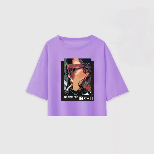 Women Printed Round Neck Purple T-Shirt Price in India