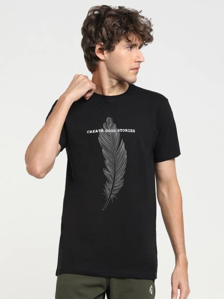Men Printed Round Neck Black T-Shirt Price in India