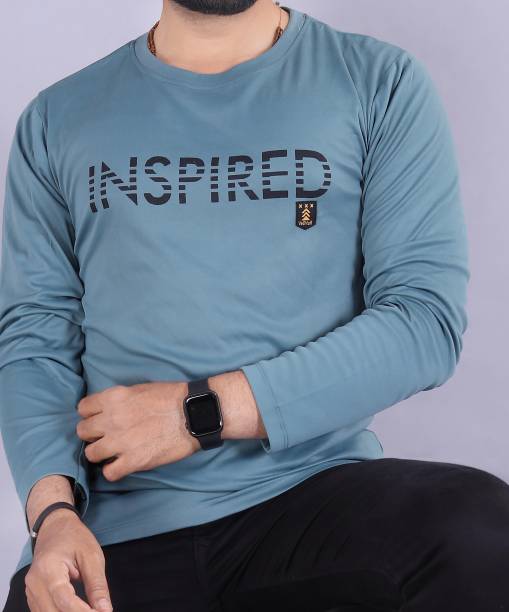 Men Printed Round Neck Blue T-Shirt Price in India