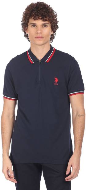 Men Solid Polo Neck Pure Cotton Blue T-Shirt Price in India