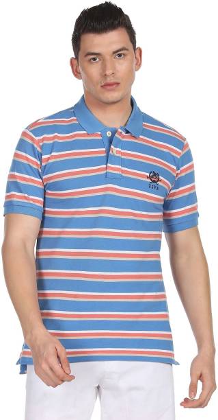 Men Striped Polo Neck Blue T-Shirt Price in India