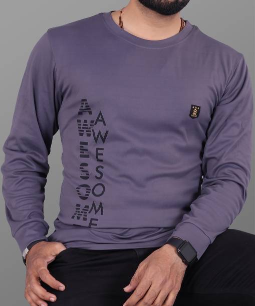 Men Printed Round Neck Grey T-Shirt Price in India