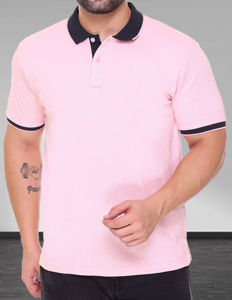 TOPLUCK Solid Men Polo Neck Pink T-Shirt
