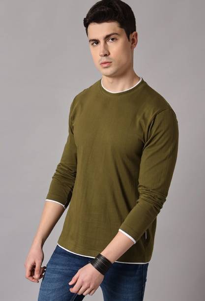 Men Solid Round Neck Dark Green T-Shirt Price in India