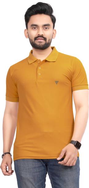 Men Solid Polo Neck Yellow T-Shirt Price in India