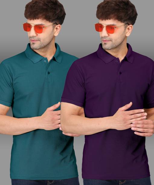 Pack of 2 Men Solid Polo Neck Multicolor T-Shirt Price in India